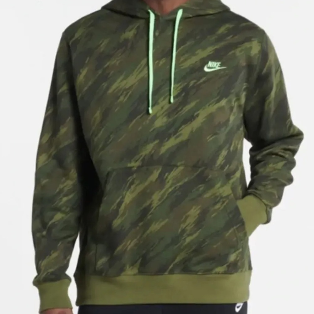Free Ship! NEW! Nike Men’s Neon Green Camo Club Hooded Sweatshirt, Size XL
